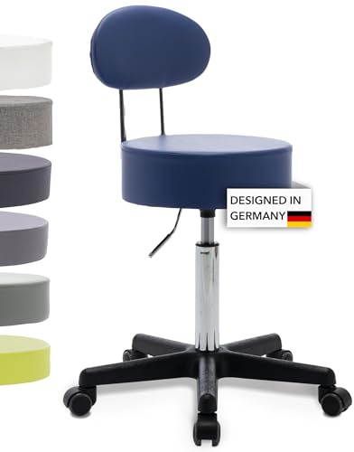 1stuff Rollhocker Squash 35 Lehne BACKLIKE, Sitzhöhe ca.51-71cm, D-Blau | 1stuff Markenqualität, Praxishocker mit Lehne, Studiohocker mit gebremsten PU-Rollen, 360° Drehhocker vom Fachhändler