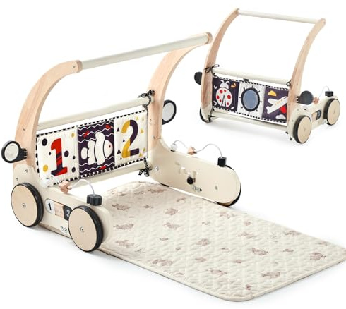 OESSUF Wooden Activity Baby Walker with Play Blanket, Speed Adjustable Baby Walker Baby Cotton Washable Non-Slip Crawling Blanket Montessori Toy for Newborns from 0+ Months