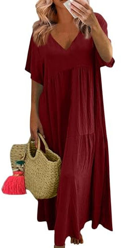Robe en Coton ET Lin pour Femme Mode Estivale Col en V Couleur Unie Grande Taille Ourlet Large Manches Courtes Robes Longues 01-Rouge foncé 5XL
