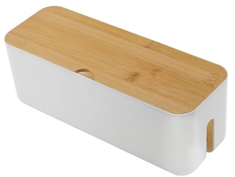 Cable Tidy Box 29x10x10cm Cable Management Box Cable Organizer Storage with Bamboo Lid for Hiding Messy Cables Conceal and Hide Cable Wire Extension Organizer Box for Home Office (White Single Hole)