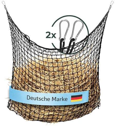 Flori’s® Heunetz für Pferde – Heusack für Pferde groß 90 × 120 cm – Engmaschig 4,5 cm – Pferdeheunetz mit Karabiner – ca. 9 kg Heu – Slow Feeder