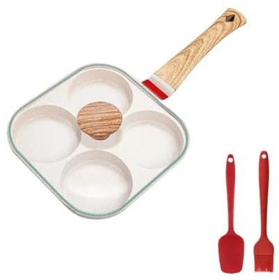 LIUHLFSR 4-Loch-Omelettpfanne mit Deckel, ideal for Braten von dicken Steaks, Brot und Frühstücksbrot, induktionsgeeignet, universell einsetzbar Für Gas- und Induktionsherde(Beige with lid)