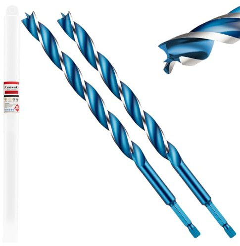 Keewaki 2 Pack 15mm x 155mm 3-Flute Auger Drill Bit for Wood – Extra Long Wood Drill Bits with Hex Shank, Heavy Duty Spiral Bit for Fast & Clean Deep Hole Drilling in Timber