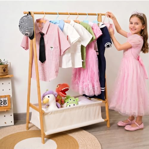 Bamysol 100% Natural Bamboo Kids Dress Up Rail With Storage, Toddler Wardrobe, Baby Crate Hamper with Rail, Kids Clothes Rail, Montessori Dress Up Rack, Child-Height Friendly, 86L x 36W x 106H cm