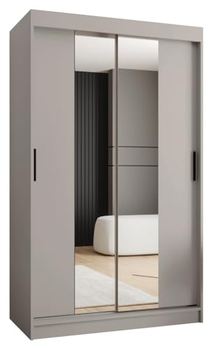 Kryspol - Schwebetürenschrank - Kleiderschrank mit Spiegel - Kleiderschrank 120 cm Breit x 200cm(H) x 62cm(T), 2 Türen, Laminierte Möbelplatte, Schiebetürenschrank Rubino T1 120, Farbe Kaschmir