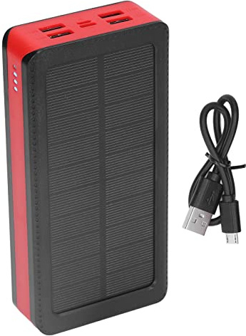 Power Bank Solare 30000mAh, Caricatore Portatile 4 Porte USB con 32 LED, Black + Red - Ricarica Rapida Dual Input, Luce SOS per Campeggio e Avventure Outdoor