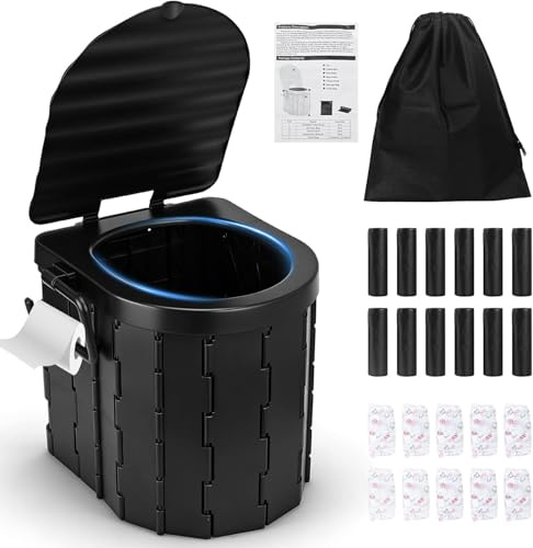 Asiento de inodoro plegable portátil para camping | Con tapa, soporte para papel higiénico, para coche, camping, senderismo, camión, caravana, playa