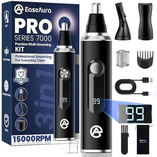 EaseAura® Taglia Peli Naso e Orecchie Ricaricabile, Rasoio Elettrico 3 in 1, Tagliapeli Naso Uomo & Donna, Trimmer Naso Sopracciglia Baffi, Forbici, Rifinitore Viso Precisione, Display LED, IPX7