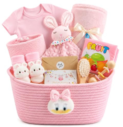 Baby Geschenkset 10-teilig Neugeborenen Geschenk Babygeschenke Jungen Mädel | Geschenkkorb mit Decke Lätzchen rutschfeste Babysocken Babyparty Babyset Mädchen (Rosa)