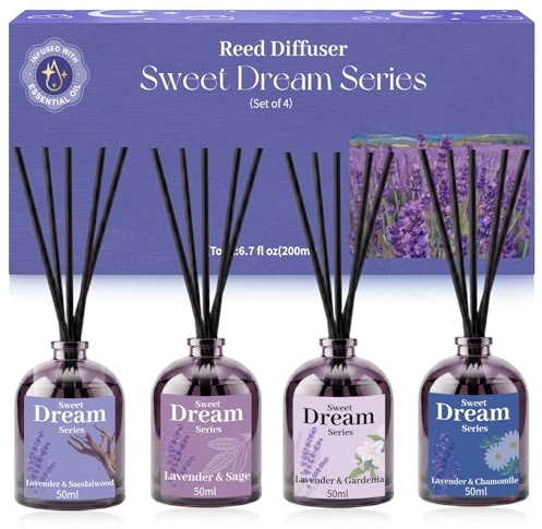 Scent-Hi Difusor de Aromas con Varillas 4 x 50 ml, Set de 4 Mikado Aromático para Habitación y Baño, Ambientador Natural con Gardenia & Lavanda, Salvia, Manzanilla y Sándalo, 24 Varillas Negras
