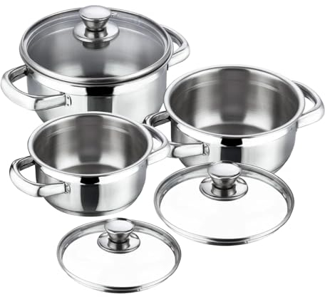 Vinod Bremen Stainless Steel Stockpot Set of 3 (1 L, 1.5 L & 2 L) with Glass Lids | Casserole Pots for Soup, Stew & Broth | 2.5mm Thick Base, Sturdy Handles | Induction & Gas Compatible
