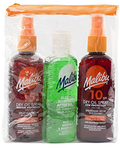 Malibu Sun Travel Essentials, Dry Oil Sprays and Soothing Aloe Vera Aftersun Gel, Medium Protection, Water Resistant, SPF 10 and 15, Multipack, 3 x 100ml