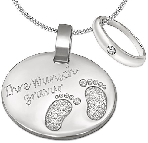 Clever Schmuck Set mit Gravur Anhänger oval inkl. Wunschgravur mit kleinen Füßchen inkl. Auswahl Kette & inkl. Auswahl Taufring mit Steinfarbe 925/- STERLING SILBER Taufgeschenk für Junge oder Mädchen
