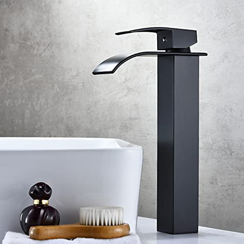 Matt Black Basin Mixer Taps, Tall Waterfall Bathroom Sink Taps, Single Lever Handle Countertop Washbasin Mixer Tap