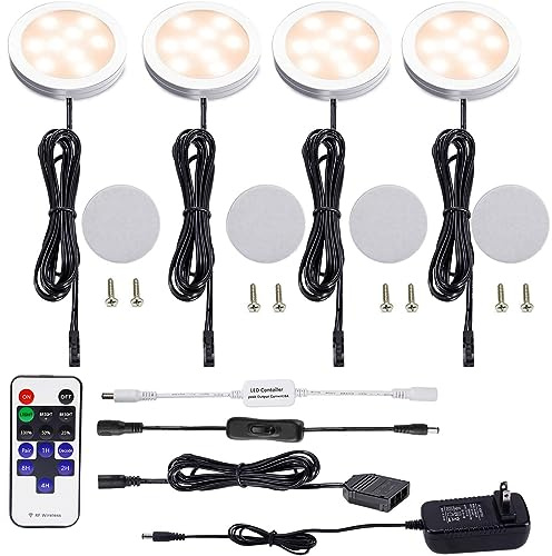 AIBOO LED Under Cabinet Lighting Kit 4 Packs 12V Low Profile Puck Lights with Dimmable Wireless RF Remote for Kitchen, Counter, Gun Safe Lighting(Warm White)