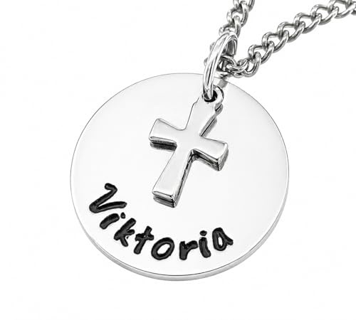 Timbalino Personalisierte Namenskette mit Kreuz Anhänger Edelstahl – Gravur mit Wunschname & Datum – Kette wählbar Leder, Kugelkette oder Gliederkette – Geschenk Taufe, Geburt, Kommunion