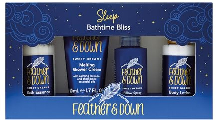 Feather & Down Bathtime Bliss Gift Set (Shower Cream, Pillow Spray, Bath Essence & Body Lotion) - Bath Set with lavender & chamomile essential oils, Mothers Day relaxation gift