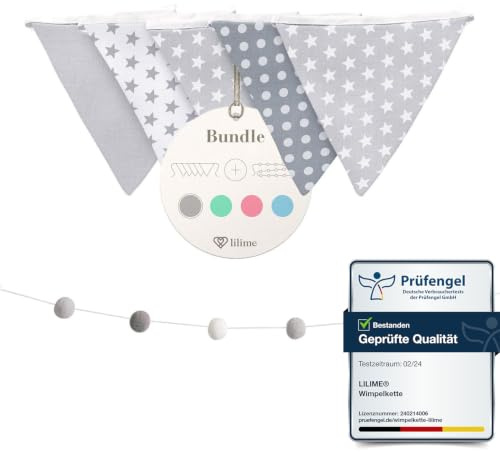 lilime® Wimpelkette Inkl. GRATIS Girlande ideal für Dekoration im Kinderzimmer - Unsere Wanddeko für Dein Kind - Super süße Deko für jedes Babyzimmer (1.9M/Grau)