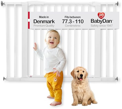BabyDan Swing Shut, Ohne bohren Treppenschutzgitter, 77,3-110 cm, Babygitter/Sicherheitsgitter, Weiß, Hergestellt in Dänemark - (Haustiergitter/Hundegitter)