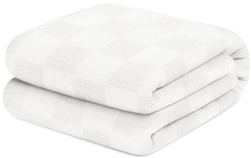 Avalon Bedding 100% Cotton Blankets Queen Size Thermal Blanket (90x90) - Perfect Cotton Blanket Queen Size for Layering Bed in Any Season - Cotton Blankets for Bed (White)