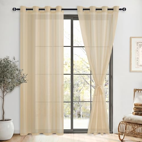 DWCN Sheer voile-gardin, transparent gardin med öljetter, 2 stycken, öljettskynke för vardagsrum, babyrum, sovrum, beige, 210 x 132 cm (H x B)