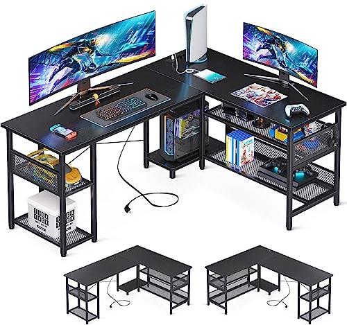 ODK Gaming Tisch, Reversibel Gaming Schreibtisch mit 2 Steckdosen und 2 USB Ladeanschluss, Eckschreibtisch mit Maximale Organisation & Stauraum, Schwarz, 150×102cm