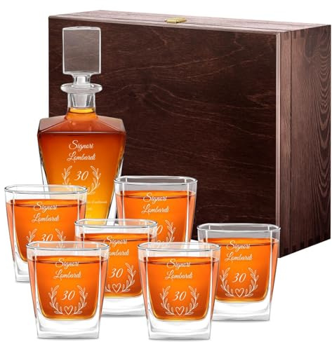 Maverton set decanter per whisky + 6 bicchieri con incisione, In vetro | Caraffa da 800 ml, Incisione personalizzata, Set per il whisky per anniversario di matrimonio, Signori -