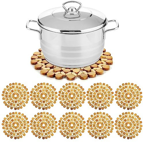 AVLA 10 Pack Bamboo Trivets for Hot Dishes, Heat Resistant Kitchen Hot Pads, 8.3 Inch Natural Bamboo Trivet Mat Set for Hot Pots, Pans, Bowls, Festive Design Table Décor, Kitchen Gift Idea