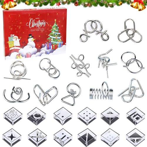 24 Stück Adventskalender 2024, Weihnachts Adventskalender Spielzeug, Knobelspiele adventskalender, Metall Knobelspiele, Geschicklichkeitsspiel Lernspielzeug Geschenk für Weihnachten (B)