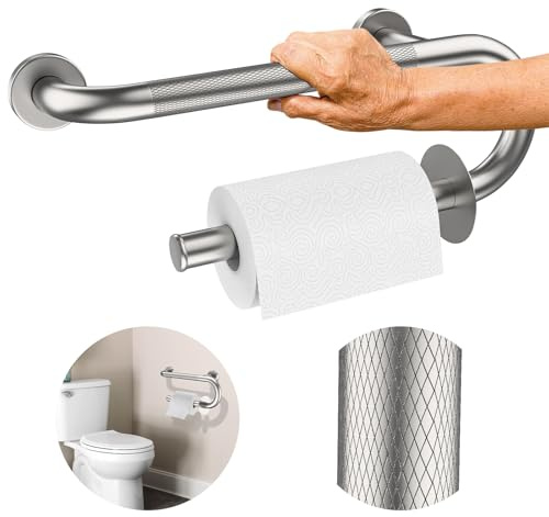16 Inch Shower Grab Bar w/Toilet Paper Holder, iHansee Brushed Nickel Anti Slip Bath Grab Bar, Stainless Steel Knurled Bathroom Safety Rail, Shower Handrail Support, Elderly Balance Assist Handles