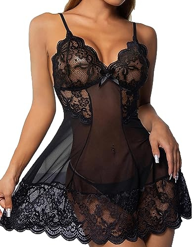 CheChury Sexy Lingerie for Women sets Babydoll for Women Lace Dress with Thong Nightwear V Neck Nightgown Mesh Sleepwear Set,Black,L