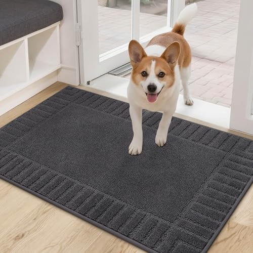BEQHAUSE Fussmatte Innen, Waschbare, TPR rutschfeste, Dunkelgrau, 60x90cm | Schmutzfangmatte für Haustür, Super Saugfähiger Fussmatte Teppich für Eingang, Haustiere, Hunde, Polyester, Niedriges Design