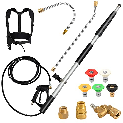 TANGZON 18FT/550cm Telescoping Pressure Washer Wand, 4000PSI High Power Washer Telescopic Spray Wand with 5 Spray Nozzles, 2 Adapters, Pivoting Coupler & Support Harness, Gutter Rod Cleaner Attachment