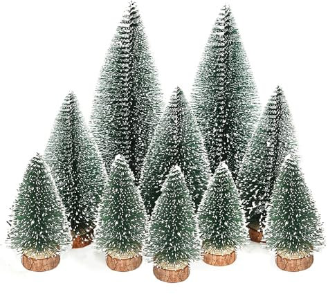 Mini albero di Natale artificiale,10 pezzi Miniatura Albero di Natale,Mini Pino Albero,Mini Alberi di Natale con Basi Legno,Mini Albero di Natale Artificiali Innevato
