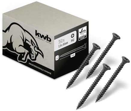 kwb Vis à fixation rapide 3,9x45 mm, PH2, 350 pièces, vis pour cloisons sèches, vis pour placoplâtre, noir, phosphaté, filetage fin, cruciforme