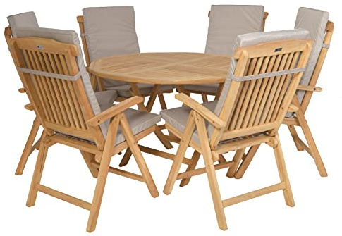 Rattanland® Gartenmöbel Set Holz, Klappbar Gartentisch mit 6 Stühlen (FSC® - zertifiziertes Teakholz) mit Kissen - Möbelsets, Ausziehbar Gartentisch Rund, Möbel für Garten, Garden Furniture Sets