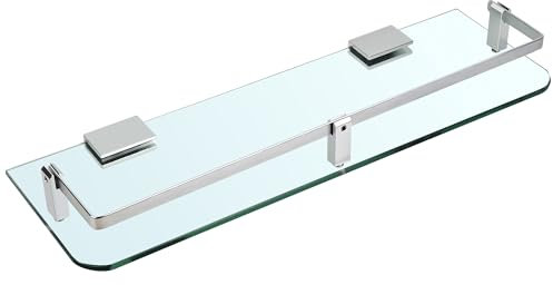 WENLISELL Wall Mounted Bathroom Glass Shelves, 40cm Tempered Glass Bathroom Shelf with Rail, 6mm Extra-Thick Bathroom Shelf