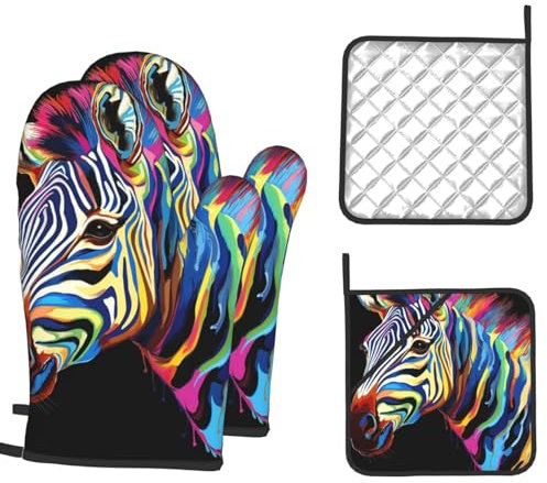 Oven Mitts and Pot Holders 4 pcs Set Heat Resistant Oven Glove Colorful Zebra on Black Background Potholders Oven Gloves for Cooking Non-Slip Silicone Oven Mittens Hot Pad for Baking BBQ