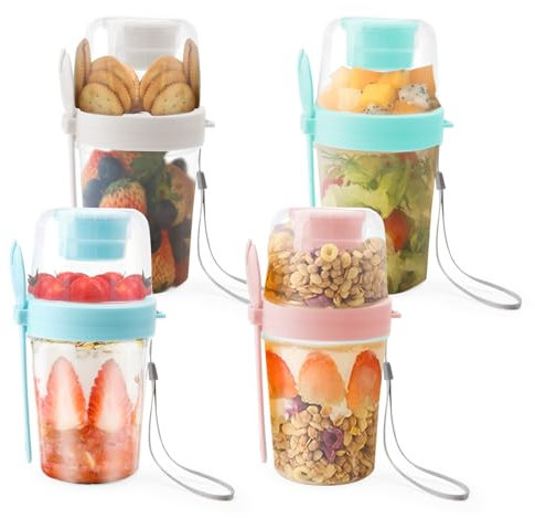 HENGBIRD 4 Stück Müslibecher to go Müsli Becher mit Löffel, 2 in 1 Joghurtbecher für Unterwegs (2 Schichten, 310ml+560ml)