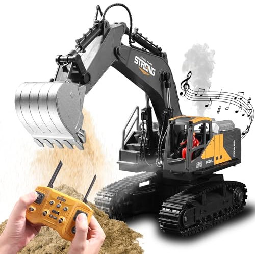 TOMOROY Telecomandato Giocattolo, 16 Canali Costruzione per Escavatore Radiocomandato Trattore, Fumo Simulato, Suono, Illuminazione, Testa di Scavo in Metallo, Regali per Camion RC per Ragazzi