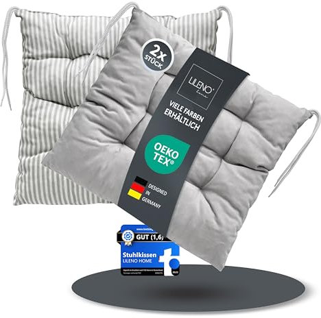 LILENO HOME 2er Set Wende Stuhlkissen Hellgrau (40x40x6 cm) - Streifen Sitzkissen für Gartenstuhl, Küche oder Esszimmerstuhl - Indoor u. Outdoor Stuhlauflage als Stuhl Kissen (Linda FUM)