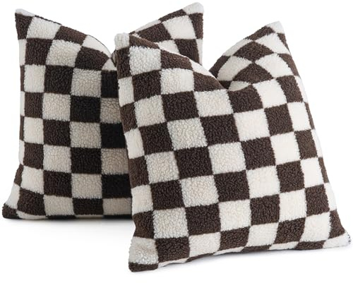 AmHoo 2er Set Dekorative Kissenbezug Schachbrett Dekokissen Sofakissen Luxus Super Sanft Kunstpelz Wolle Set Fall Kissen für Couch Sofa Schlafzimmer 45x45 cm Braun