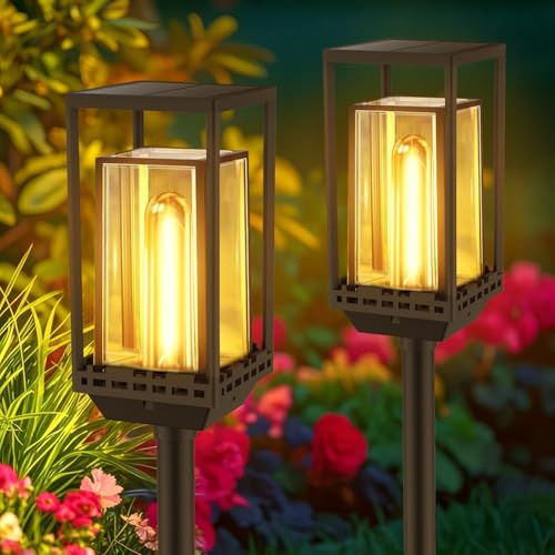 Yorezcop Solarlampen für Außen Garten, 2 Stück Solar Gartenleuchten, 1000mAh Wasserdichte Solarleuchten für Außen, Auto Ein/Aus Solar für Den Garten Hof Rasen Gehweg Auffahrt Dekor