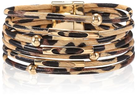 Makloee Womens Leopard Bracelets, Faux Leather Leopard Print Fashion Cuff Bracelet, Wide Leather Cream-Coloured Multilayer Alloy Automatic Buckle Wrap Cuff Bangle Boho Accessories Jewelry