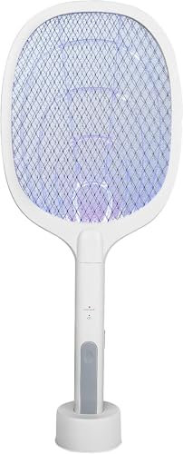 SQUADO Racchetta Elettrica Antizanzare 2-in-1, Acchiappamosche 3000 Volt, con Lampada e Base di Ricarica, Bianco