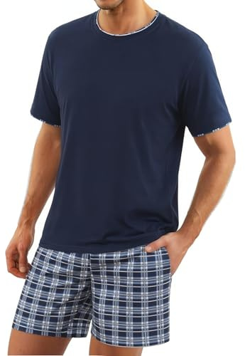 Litherday Pyjamas, herr, kort pyjamas, bomull, kortärmad, tvådelad pyjamasset, nattkläder, kortärmad topp och rutiga pyjamasbyxor, hemmadräkt, sovkläder, mjuk och hudvänlig, Mörkblå, 3XL