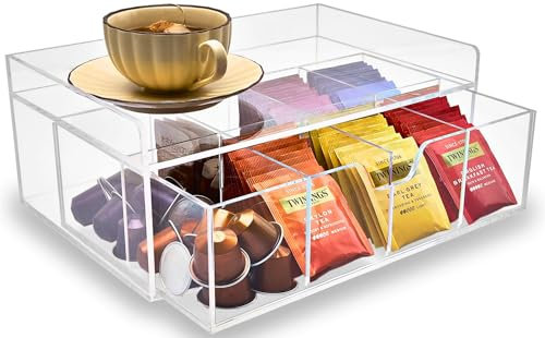 Meicloud Acrylic Tea Station Organiser for Countertop - Tea Bag Organizer Drawer, Clear Lucite K Cup and Coffee Pod Storage box with 8 Compartments, Tea Caddy Creamer Holder Display Stand