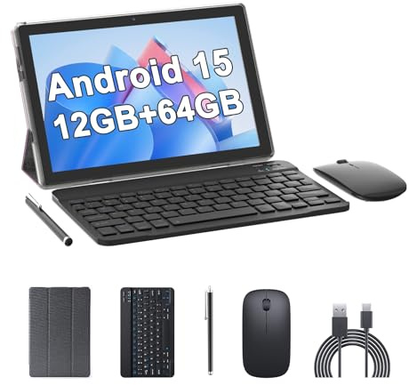 10 Inch Tablet Android 15 Tablets with Keyboard 64GB ROM+12GB RAM(4+8 expansion) Supports 1TB Expansion 2MP+8MP Dual Camera 6000mAh 5G WiFi-6 Tableta, 2 IN 1 Tablets with Mouse/Case/Stylus/ Keyboard