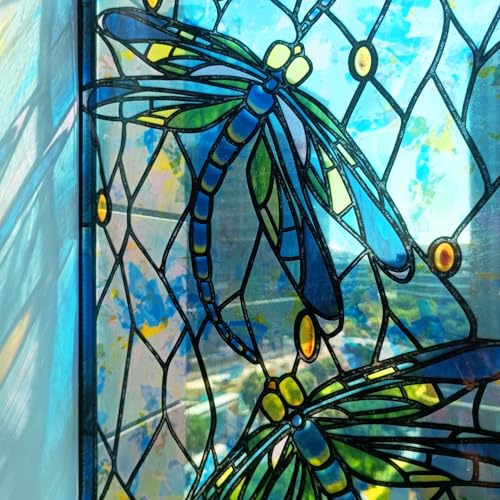 funlife Original Hand-Drawn Faux Stained Glass Window Film, Double-Sided Static Cling Window Cling Suitable for Entryway, Reusable Glass Windows Door Decor, Blue Flying Dragonfly, 11.8x118