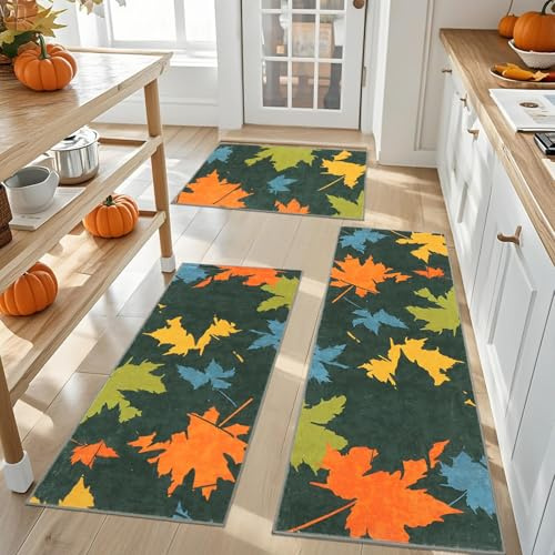 TUKDAK Weihnachts Küchenläufer rutschfest 3 Stück, Grün Weihnachtsteppich Küchenteppich Waschbar, Herbst Waschbarer Teppich Küche, Kurzflor Küchenmatten, Teppichläufer Flur, Teppich Läufer